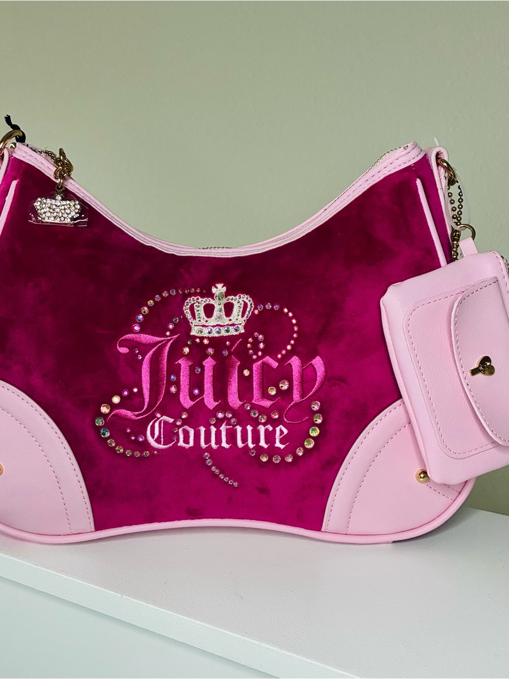 Juicy Couture Hot Pink Velvet Logo Hobo with Light Pink Trim